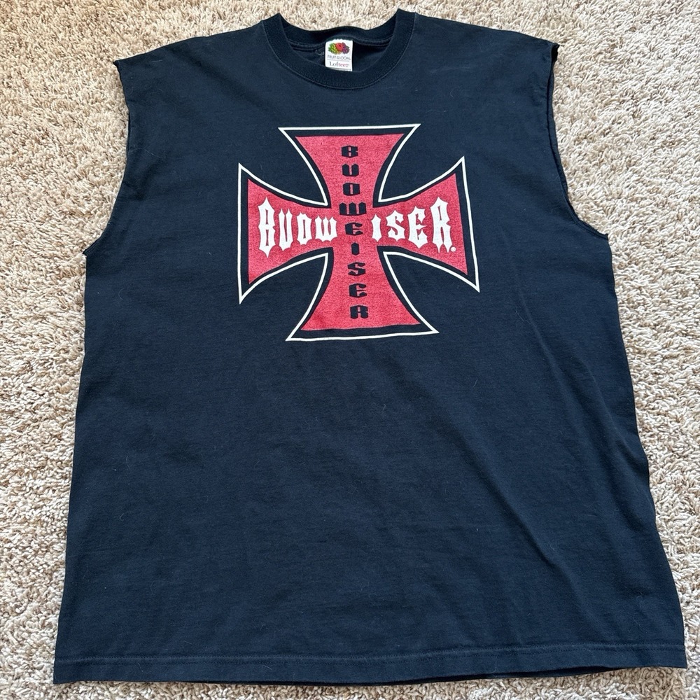 vintage black muscle tee Iron Cross "Budweiser" West Coast Choppers logo size XL
